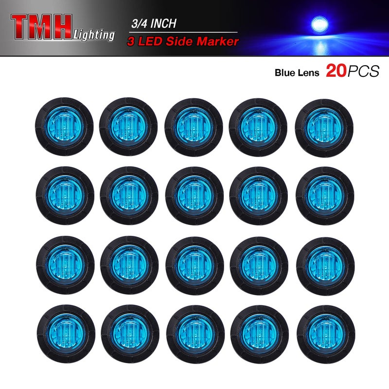 TMH (Pack of 20 3/4 Inch Round Blue LED Side Indicator Marker Lights with Grommets for Truck Trailer Pickup Lorry 12V DC Surface Mount 3led - Image 2